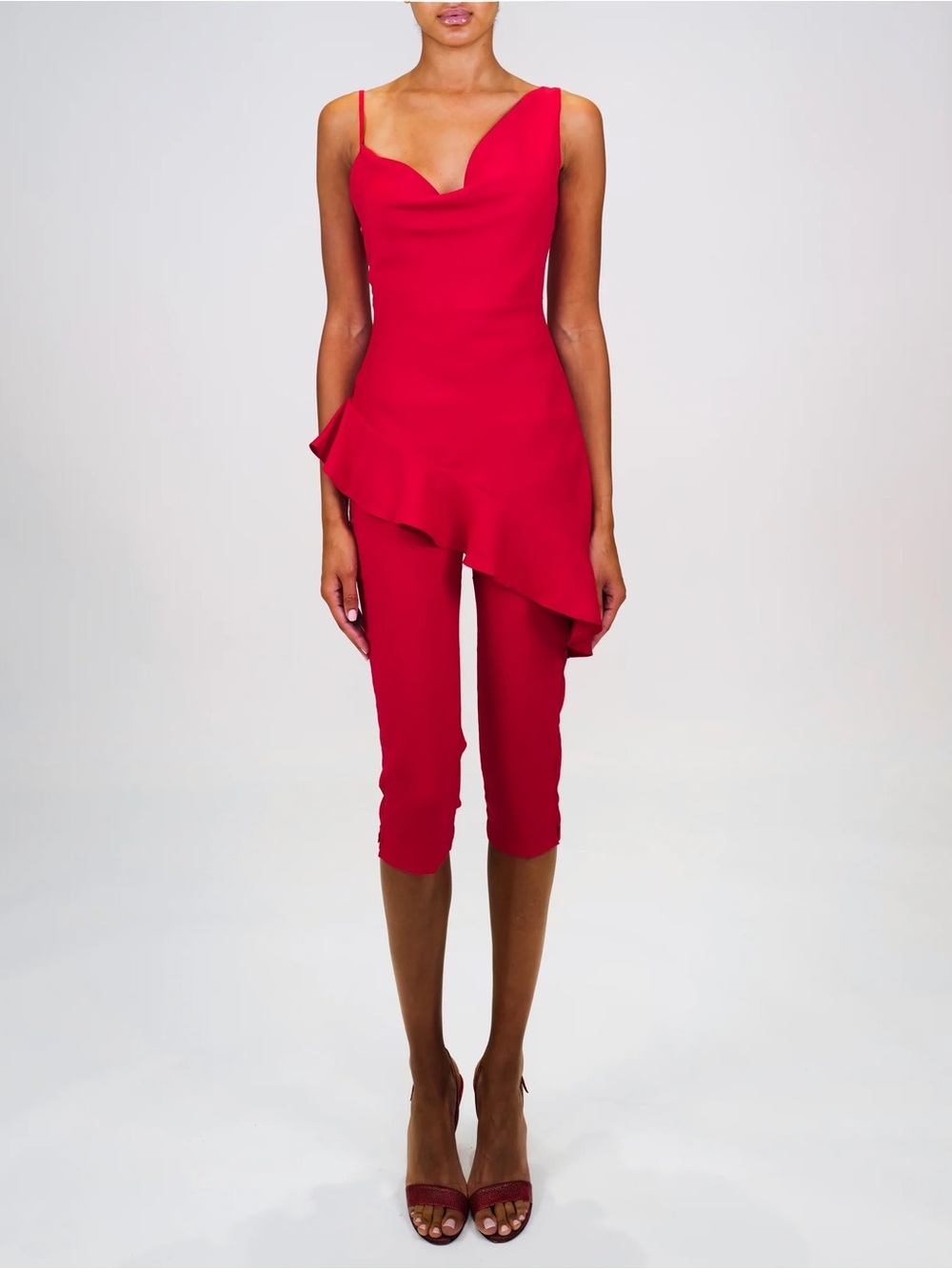 NWT Azeeza Daphne Asymmetrical Ruffle Tank in Red size Small